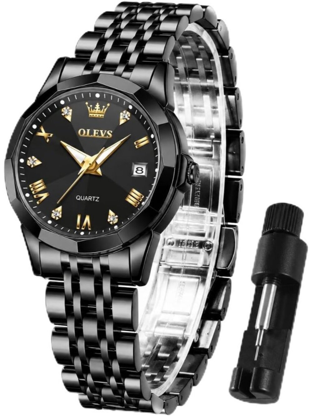 Women’s Black Luxury Stainless Steel Waterproof Quartz Analog Dress Wrist Watch